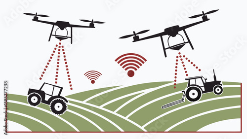 Two drones flying over tractors in a field with wifi signals for agricultural technology application