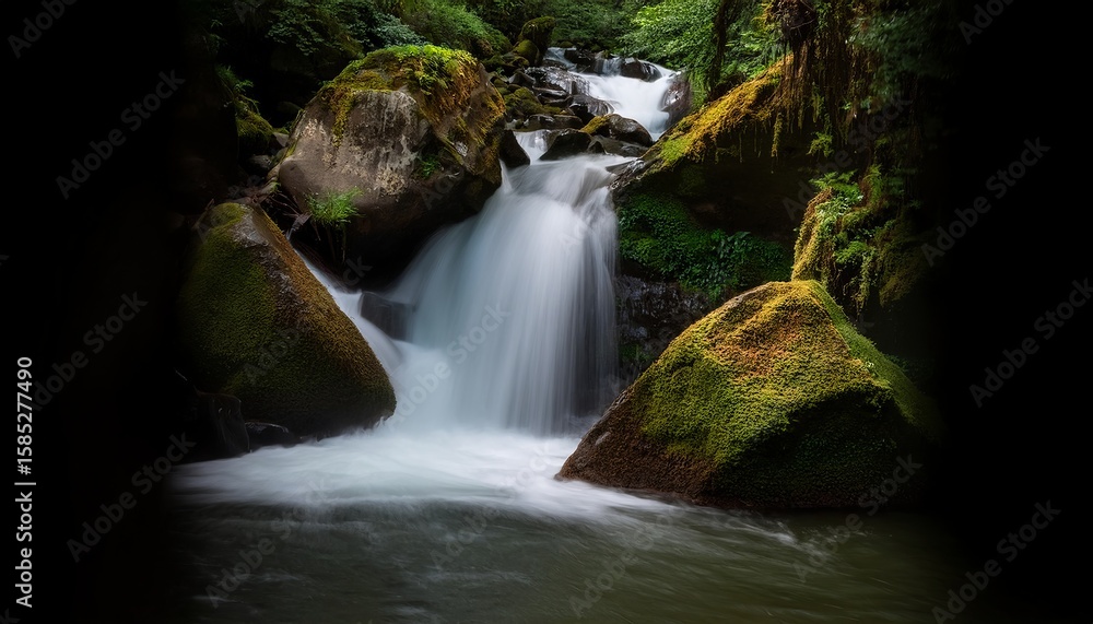 Fototapeta premium Stunning waterfall cascading over moss-covered rocks in a tranquil forest setting