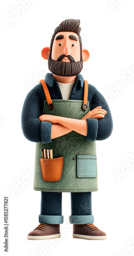 3D rendered character bartender in minimalist style, showcasing confident expression and wearing apron with tools