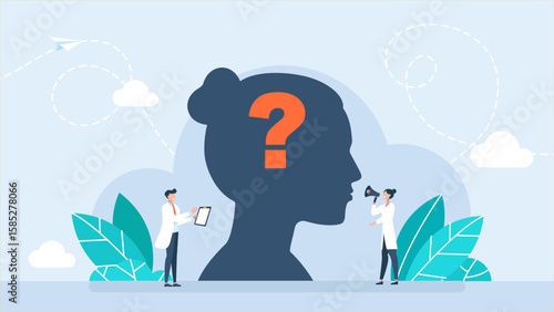 Silhouette of a woman with a question mark. Doctors standing in puzzled pose. A difficult decision, many questions, lack of knowledge, problems and misunderstandings. Vector illustration.