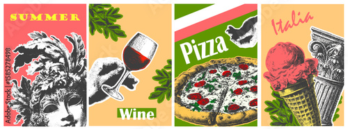 Set of Italy symbols including pizza, ice cream, mask, wine glass, and column. Food and culture vector illustration with colorful details.