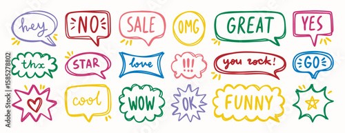 Bright hand drawn speech bubbles with short fun messages, decorative elements for design
