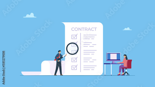 Business people writing and checking contract paper clauses document. Document checking, agreement or contract validation, financial or budget analysis, search for document files.