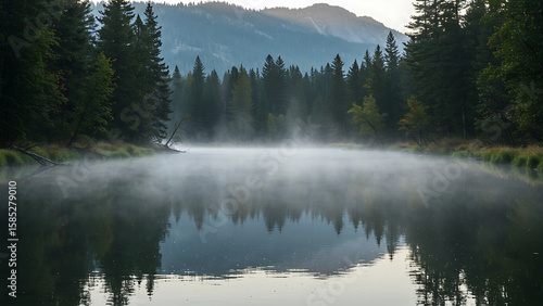 Peaceful misty river in the early morning surrounded by lush forest. The calm water reflects the trees and fog, creating a serene and atmospheric wilderness landscape.
