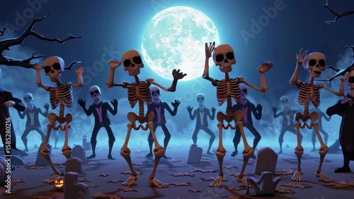 Spooky Halloween video featuring a crowd of skeletons dancing joyfully in a graveyard at night.