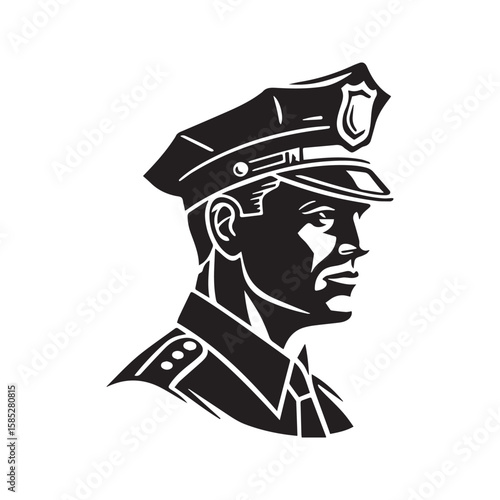 Police officer silhouette profile vector. Policeman in uniform cap, a symbol of law enforcement, authority, and public safety. Graphic icon.