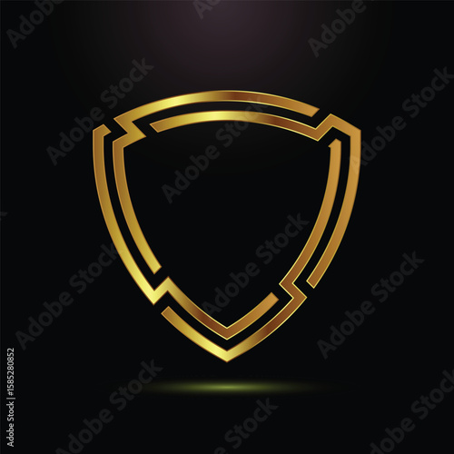 Golden Shield Emblem Intricate Design Shining on Black Background Represents Security and Protection