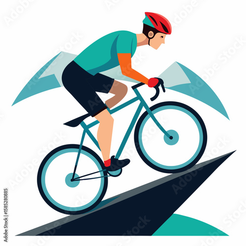 Cyclist ascending steep incline with mountain peaks cycling bicycle