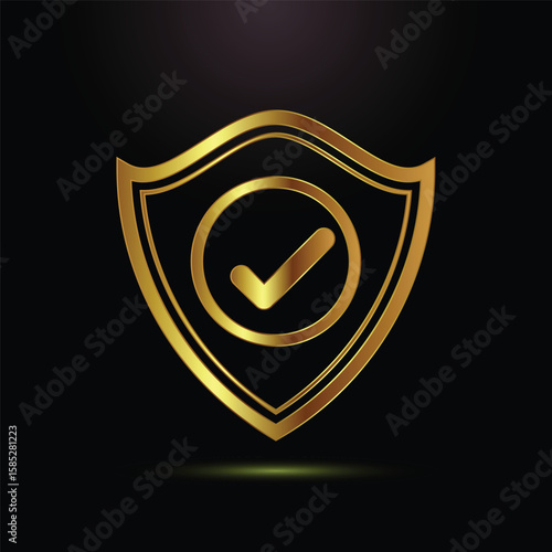 Golden Shield with Check Mark Symbolizing Security Assurance and Trust Protection with Black Backdrop
