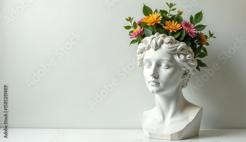 Plaster Bust with Blooming Flowers as Artistic Decor

