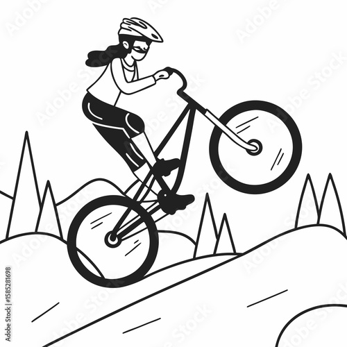 Woman cycling downhill on a mountain trail mountain biking downhill cycling