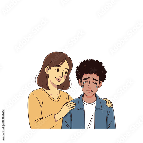 A comforting woman soothes a tearful young man, offering support and empathy.