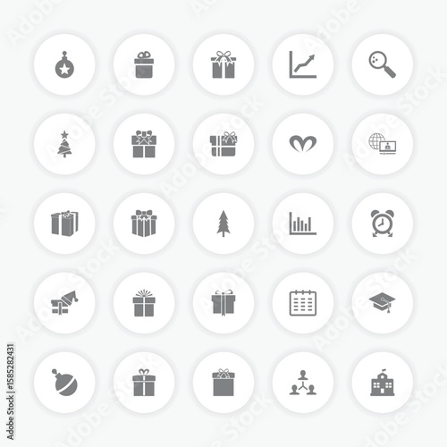 Assorted gift icons and educational symbols on circular buttons