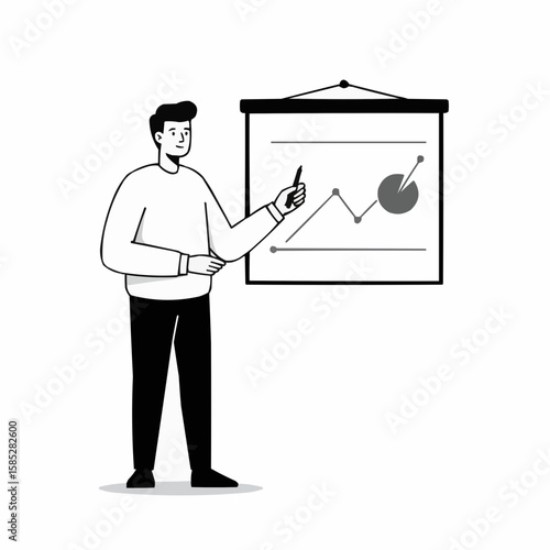 Young man presenting growth chart on a board in minimal style  