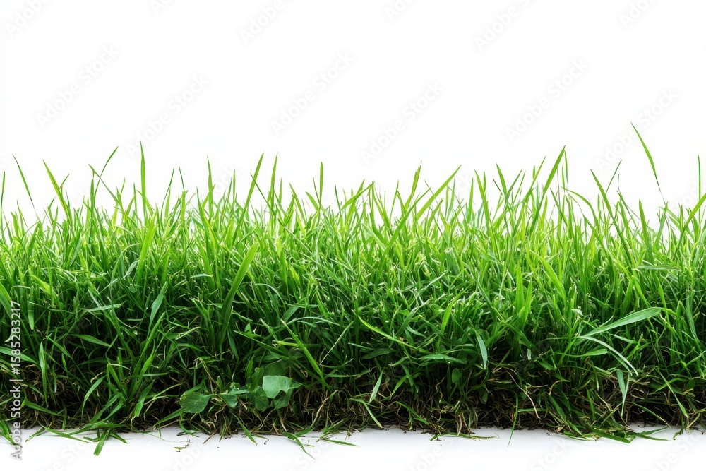 Fototapeta premium Lush Green Grass Patch Fresh Meadow Summer Lawn Nature Background Turf Texture on white background. Generative AI