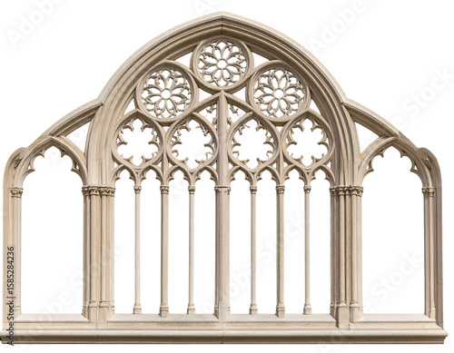 Gothic Arch Window Frame, Front View, Intricate Stone Carvings, Isolated
