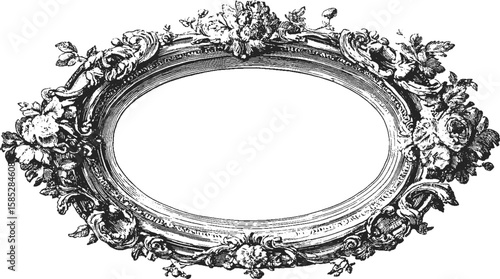 Ornate floral frame in Renaissance style with detailed flowers and leaves. Vintage oval border in an antique black and white engraving. Vector illustration.