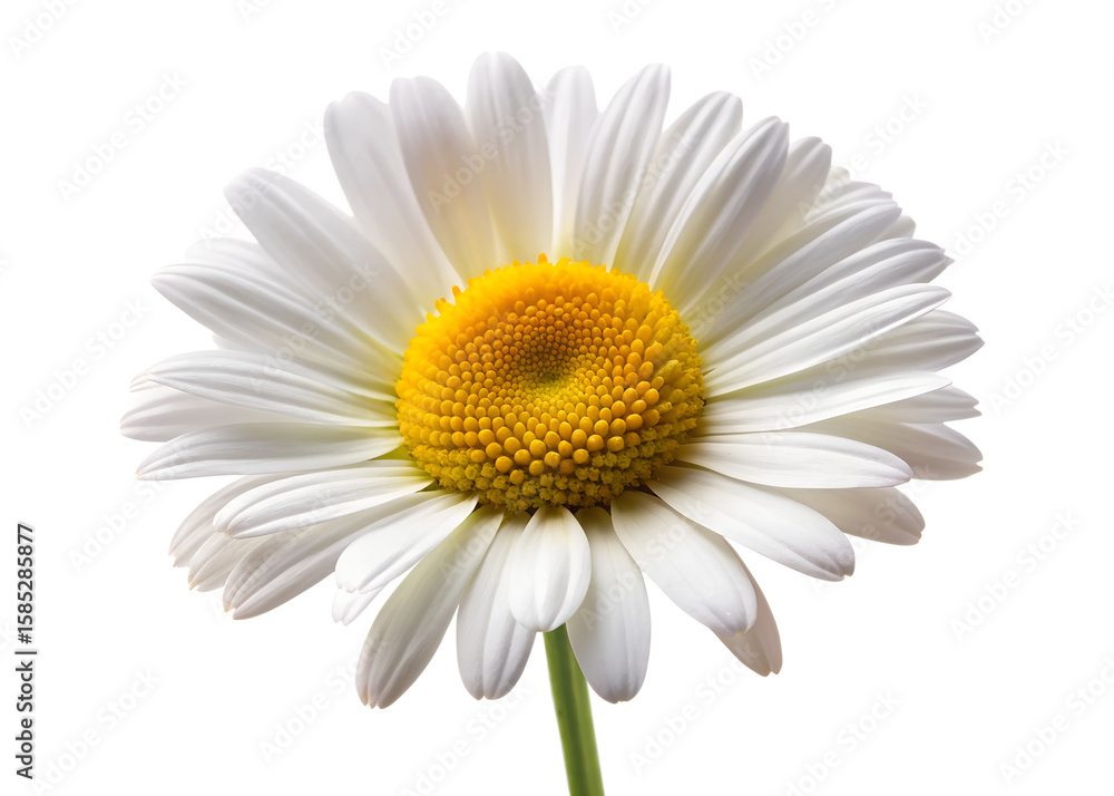 Fototapeta premium A single white daisy flower with a bright yellow center is isolated on a plain transparent background