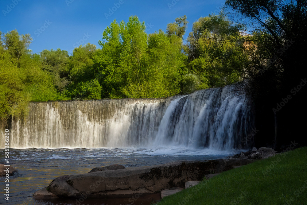 Fototapeta premium A smooth, tiered waterfall flows over stone steps into a calm stream, surrounded by grassy hills under a vibrant blue sky with a single white cloud.