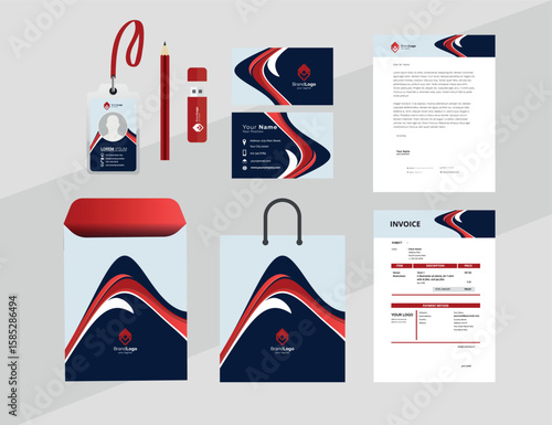 Brand Identity concept of stationery Mock-Up set with abstract graphics. Corporate style layout on stationery mockup template of File folder, annual report, Fyler, Envelope 