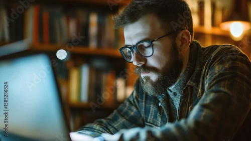 Man focused on laptop screen in a quiet, well-lit study. A scholarly environment with books and a desk that is conducive to concentration.