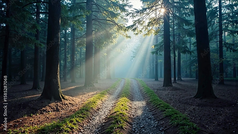 Obraz premium Tranquil Forest Path with Sunbeams and Tall Pine Trees