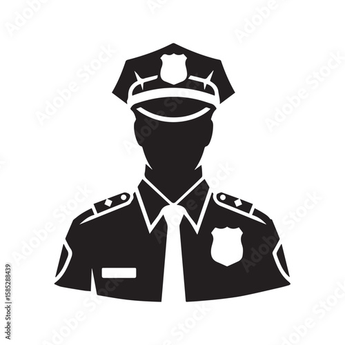 Police officer silhouette bust portrait. Policeman in uniform with cap and badge, a symbol of law enforcement, security, and public service. Vector icon.
