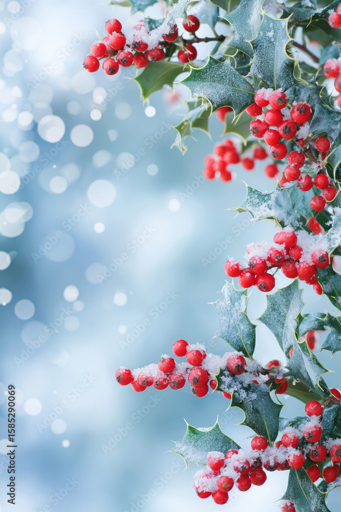 Fototapeta premium Holly branches with red berries covered in snow against a blue bokeh background. Winter holiday decoration element and natural festive design.