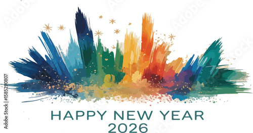 Festive happy new year greeting with colorful elements and elegant typography