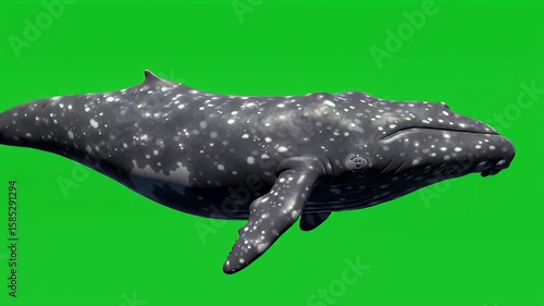 Majestic Gray Whale with Mottled Skin Swimming Isolated on Bright Green Screen Background for Compositing and Wildlife Projects