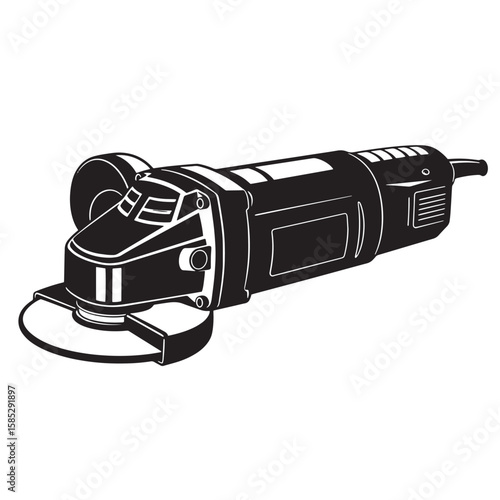 A detailed black and white illustration of an angle grinder power tool for construction and diy projects