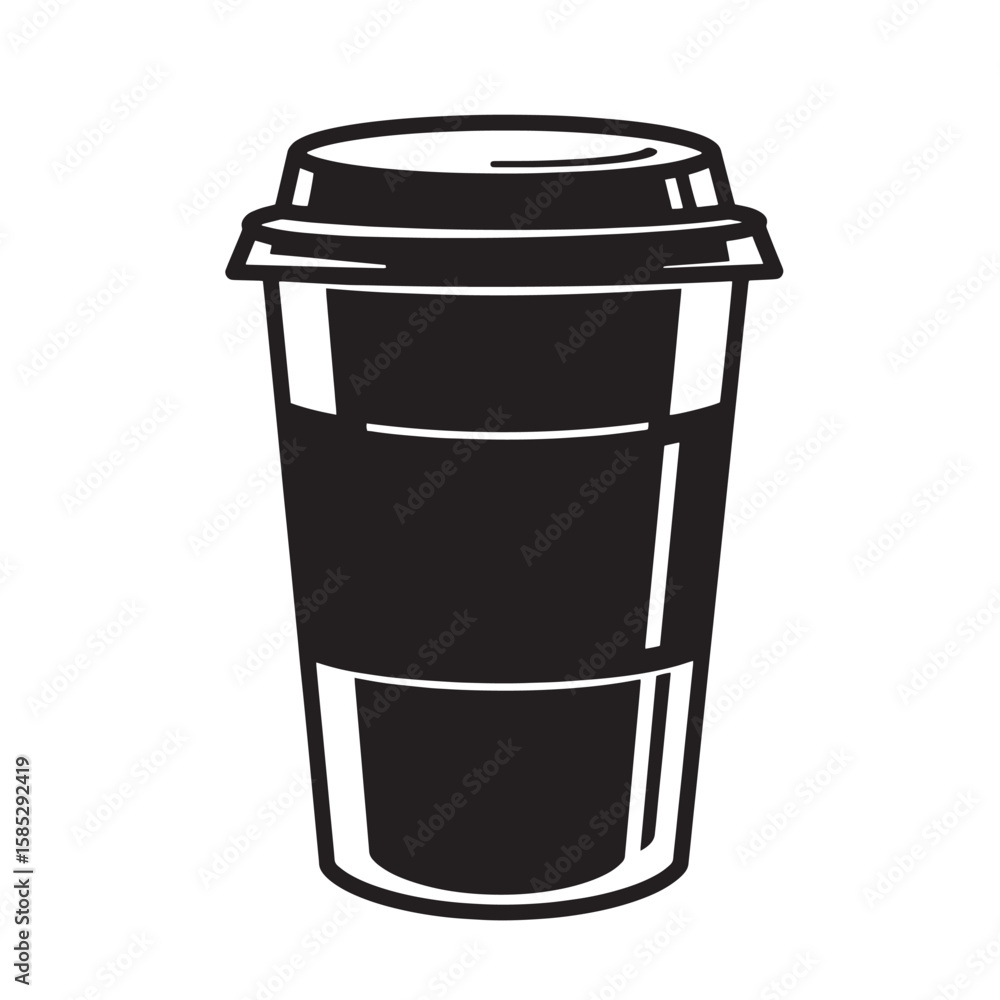 A minimalist black and white graphic illustration of a takeaway coffee cup with a lid in a modern clean style. A minimalist black and white graphic illustration of a takeaway coffee cup with a lid in a modern clean style.