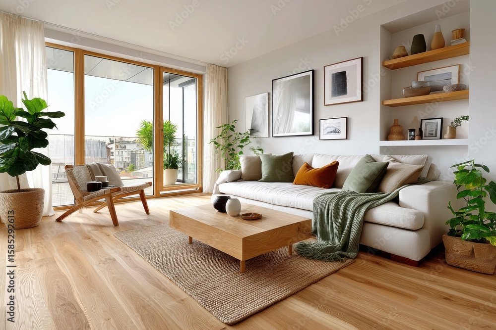 Fototapeta premium Modern Scandinavian living room with minimalist decor and natural lighting