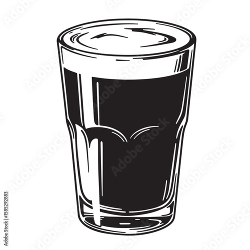 A stylized black and white illustration of a glass of beer or dark beverage isolated on white
