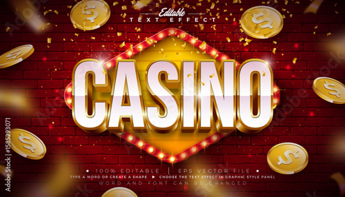 Casino 3D Editable Text Effect Design Vector Graphic Style Effect with Gold White Typography Lettering, Casino Coin and Light Bulb Billboard on Vintage Brick Wall Background. Premium Luxury