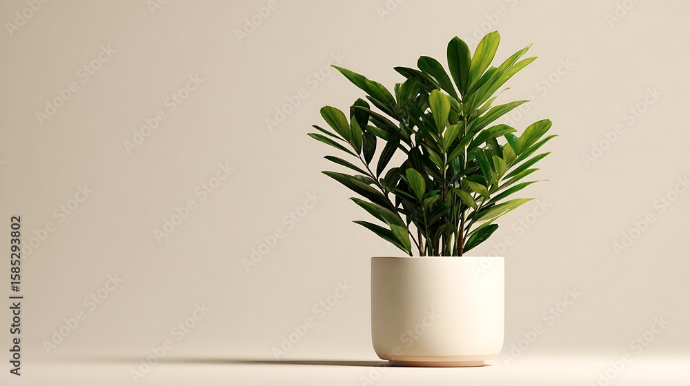 Fototapeta premium Contemporary pot with lush plant leaves light background creating visual ease