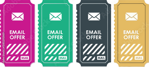 Email offer tickets in pink, green, black, and yellow