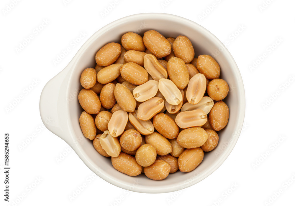 A topdown view of a white bowl filled with roasted peanuts, isolated on a transparent background A topdown view of a white bowl filled with roasted peanuts, isolated on a transparent background