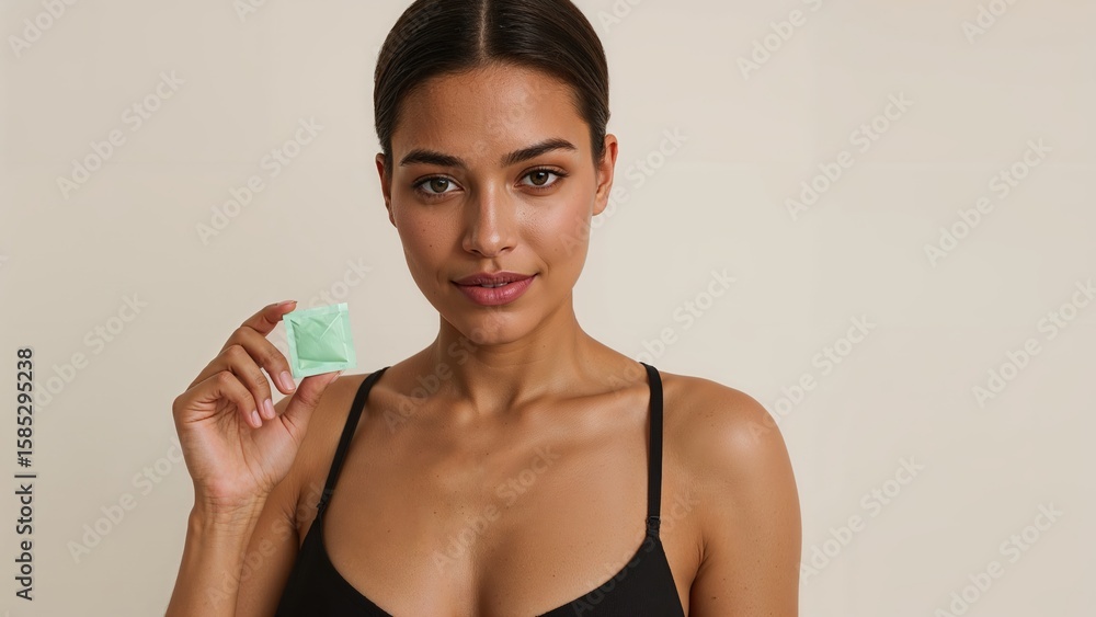 Confident young woman holding green condom in black top for safe intimacy awareness Confident young woman holding green condom in black top for safe intimacy awareness
