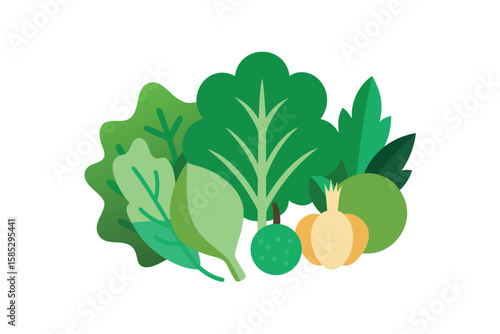 Simplified Leafy Vegetable Mix Illustration On White Background
