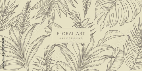 Botanical Tropical Sketch Background with palm tree and monstera leaves pattern in line art style. Hand drawn vector illustration for card, banner, print, poster, cover, wedding invitation, packaging