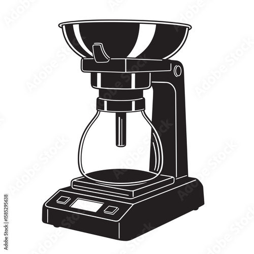 Black and white illustration of a pour over coffee maker on a digital scale for precise brewing practices and techniques