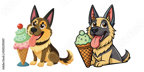 Cute German Shepherd dog happily licking oversized colorful ice cream cone, fun summer pet illustration, adorable puppy enjoying sweet treat vector design, white background