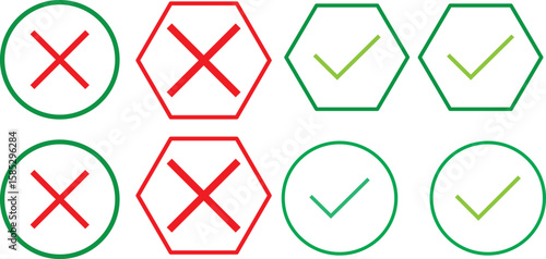 Cross and check mark icon set on isolated background.