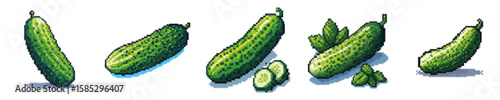 Five fresh cucumbers are displayed, some whole, some sliced, and some with green leaves.
