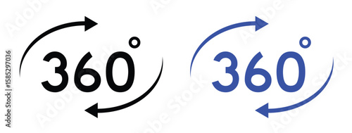 360 degree rotation icon with arrows for spin, VR view, UI, or interactive display