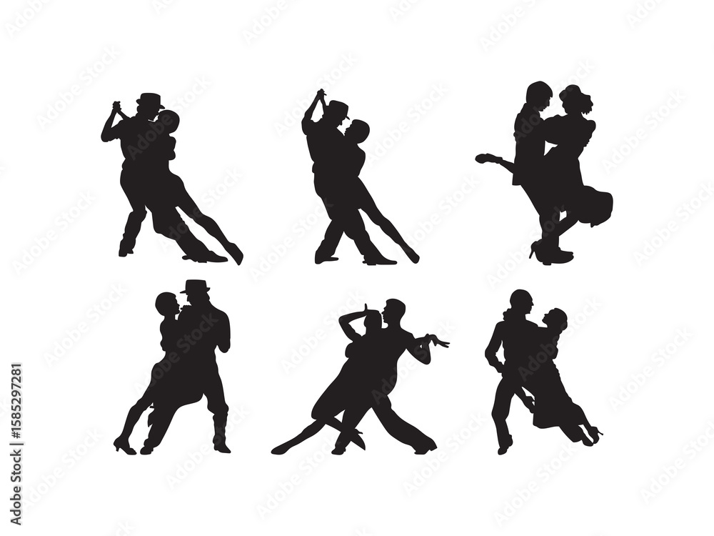 Beautiful set of dancing couples in black silhouette style illustration. Silhouettes of Couples Performing Passionate Tango Dancers. Silhouette of dancing people. Beautiful set of dancing couples in black silhouette style illustration. Silhouettes of Couples Performing Passionate Tango Dancers. Silhouette of dancing people.