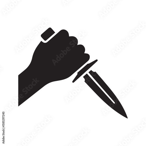 Hand holding a knife silhouette. Vector icon symbolizing crime, murder, and danger. Threatening stabbing gesture with a weapon.