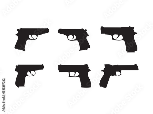 Guns Icons. Weapon Vectors. Simple Silhouettes of Various Handguns. A small firearm, either a police or military handgun, combined with the silhouette.
