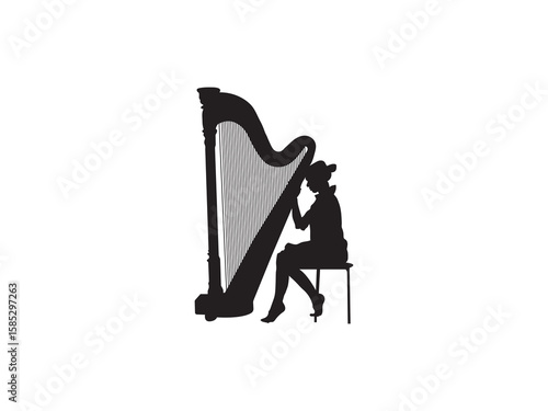 Silhouette of a Woman Playing a Harp. Harp icon isolated on a white background.